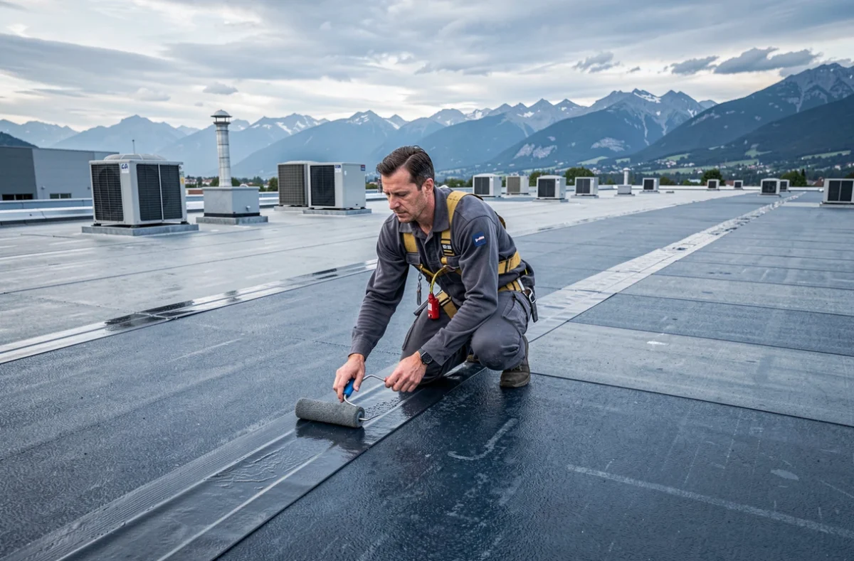 Technicien de Toiture Net Isère appliquant une membrane imperméabilisante sur un toit plat commercial près de Grenoble