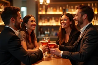 Groupe de trentenaires qui se retrouvent dans un bar tendance de Lille pour une soirée entre membres d'un club social