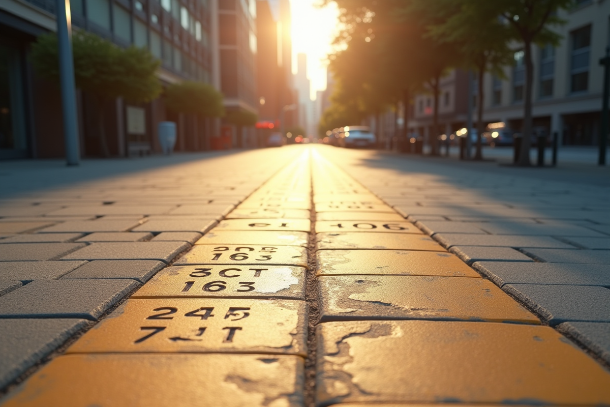 Trottoir urbain ensoleille avec marquages de pas