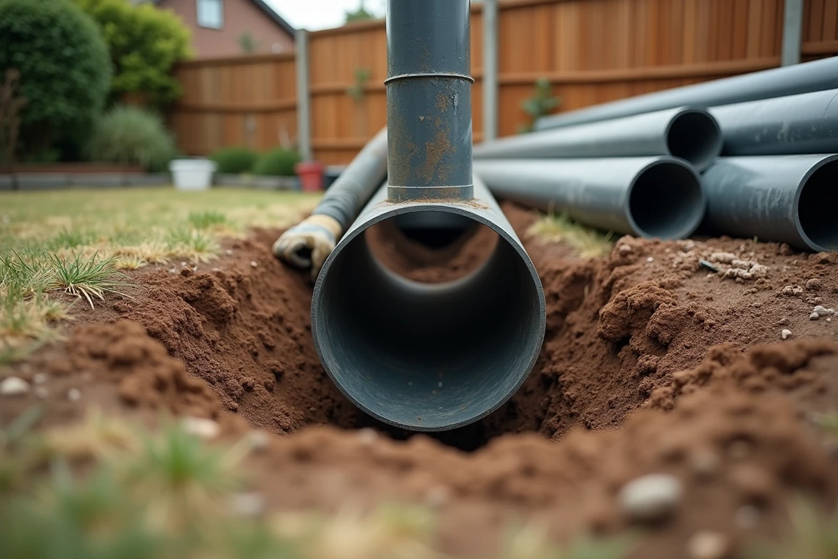 Installation d'un tubage de puits en PVC dans un forage résidentiel avec outils de chantier au sol