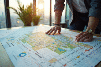 Architecte étudiant une carte de zonage urbaine dans un bureau lumineux