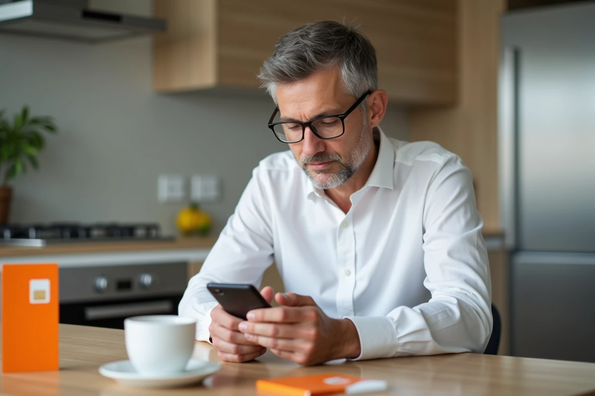 Homme vérifiant les frais de carte SIM Orange sur smartphone avec le pack SIM posé sur la table