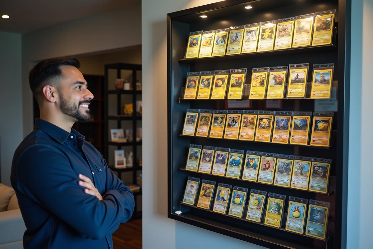 Vitrine murale organisée présentant une collection de cartes Pokémon Aventures Ensemble gradées et protégées dans des supports magnétiques premium