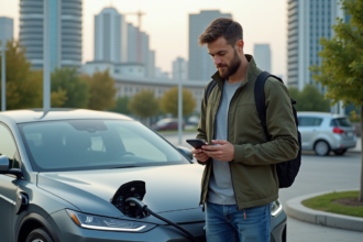 Homme devant une voiture hybride en station de charge urbaine
